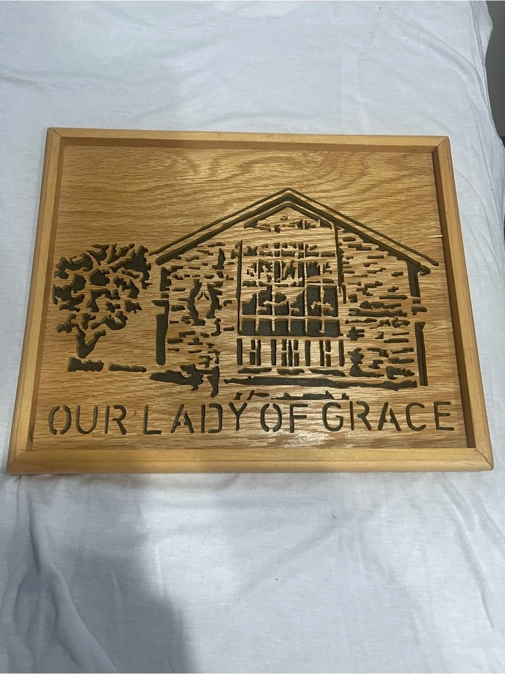 Our Lady of Grace Carved Wooden Plaque - Natural Wood